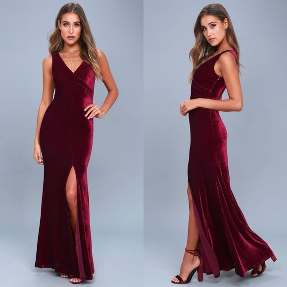 Lulus Dresses & Skirts - LULUS Wine Velvet Sleeveless V-Neck Mermaid Skirt Formal Wedding Guest Gown XS